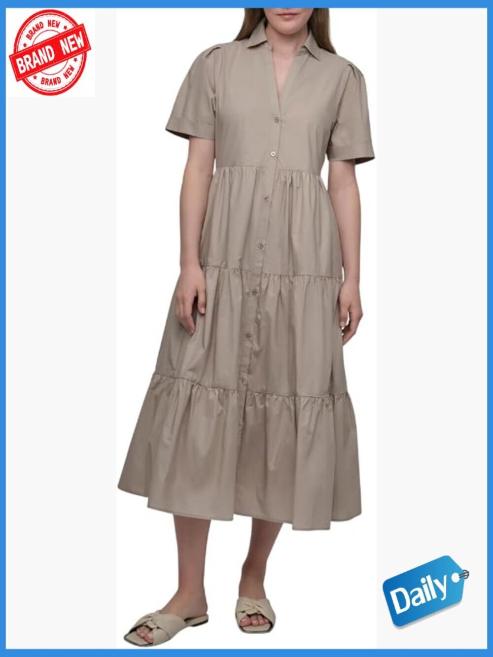 Button Front Poplin Tiered Dress with Puff Sleeves Midi